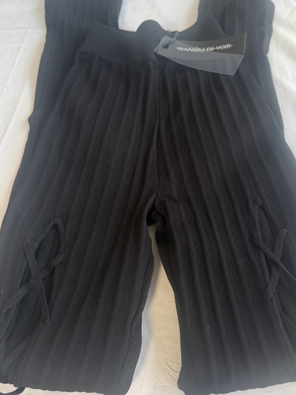 Manière De Voir Sz Small Black Ribbed Knit Side Lace-Up Leggings NWT